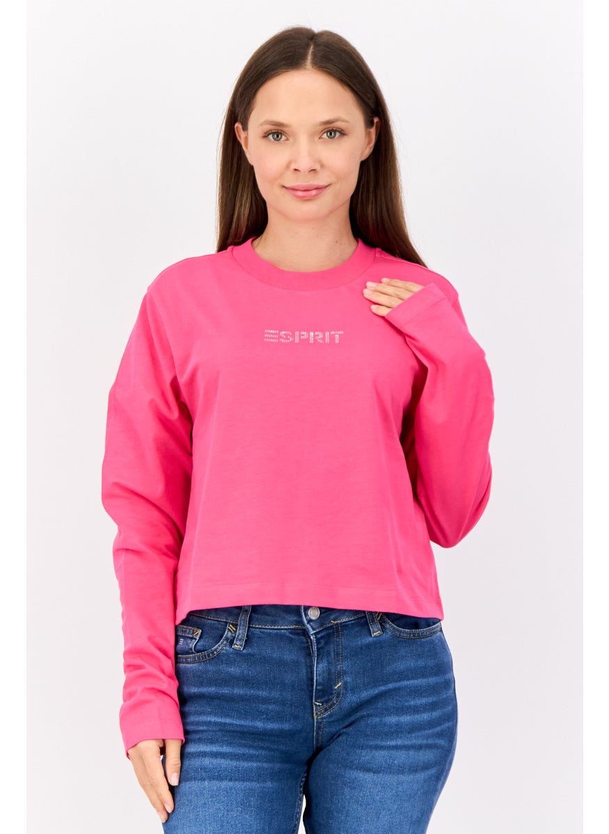 ESPRIT - Women Crew Neck Long Sleeve Brand Logo Top, Fuchsia - Image 1
