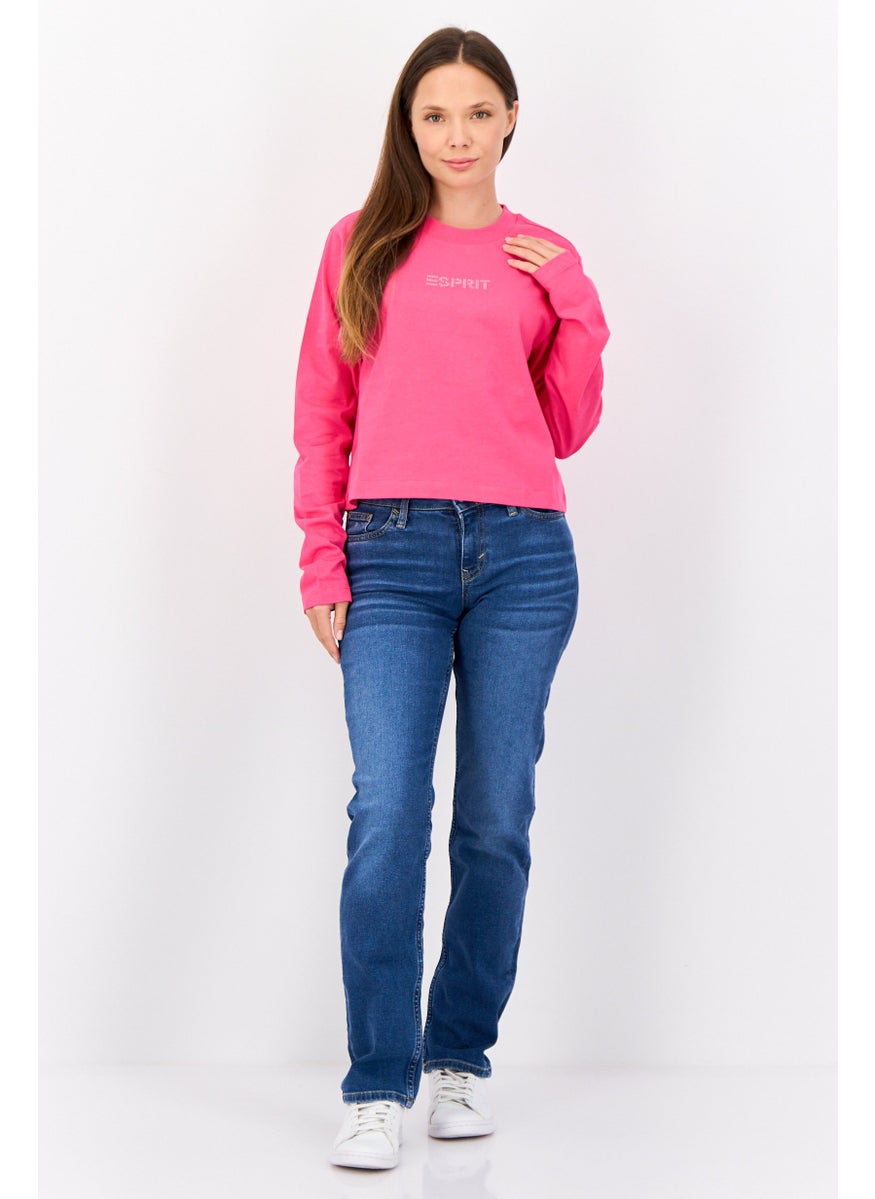 ESPRIT - Women Crew Neck Long Sleeve Brand Logo Top, Fuchsia - Image 1