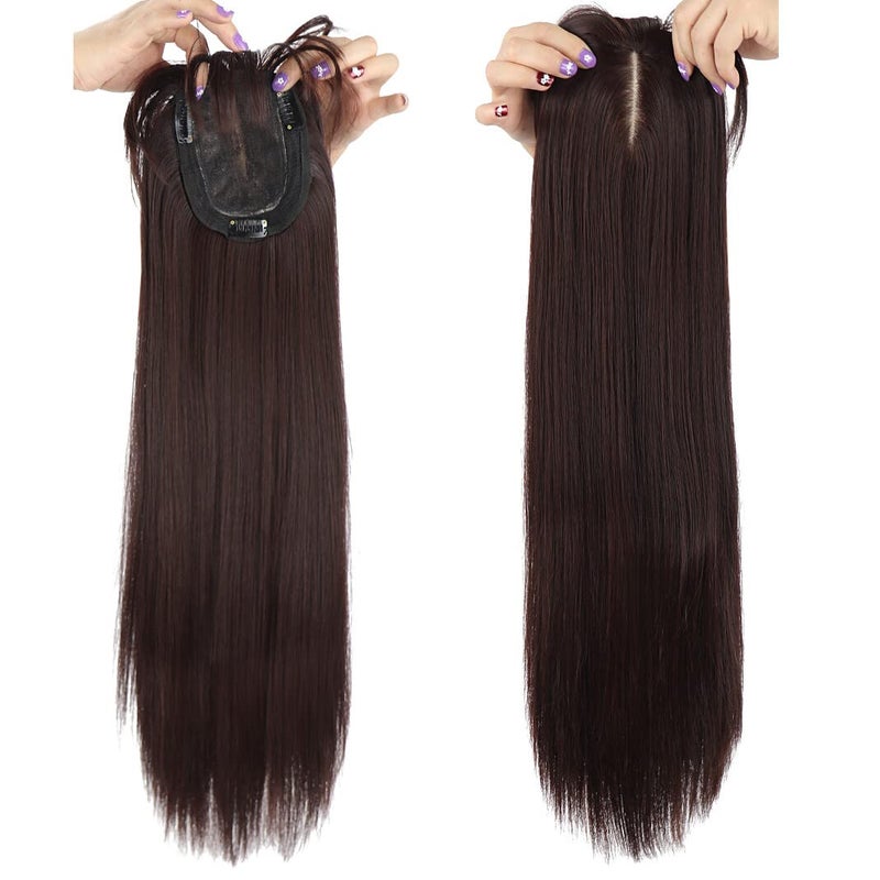 LesafeV 50cm Long Seamless Nature Look Clip in Hairpiece with Side-Fringe Extension Forehead Topper for Women with Thinning Hair Straight Dark Reddish Brown - Image 1