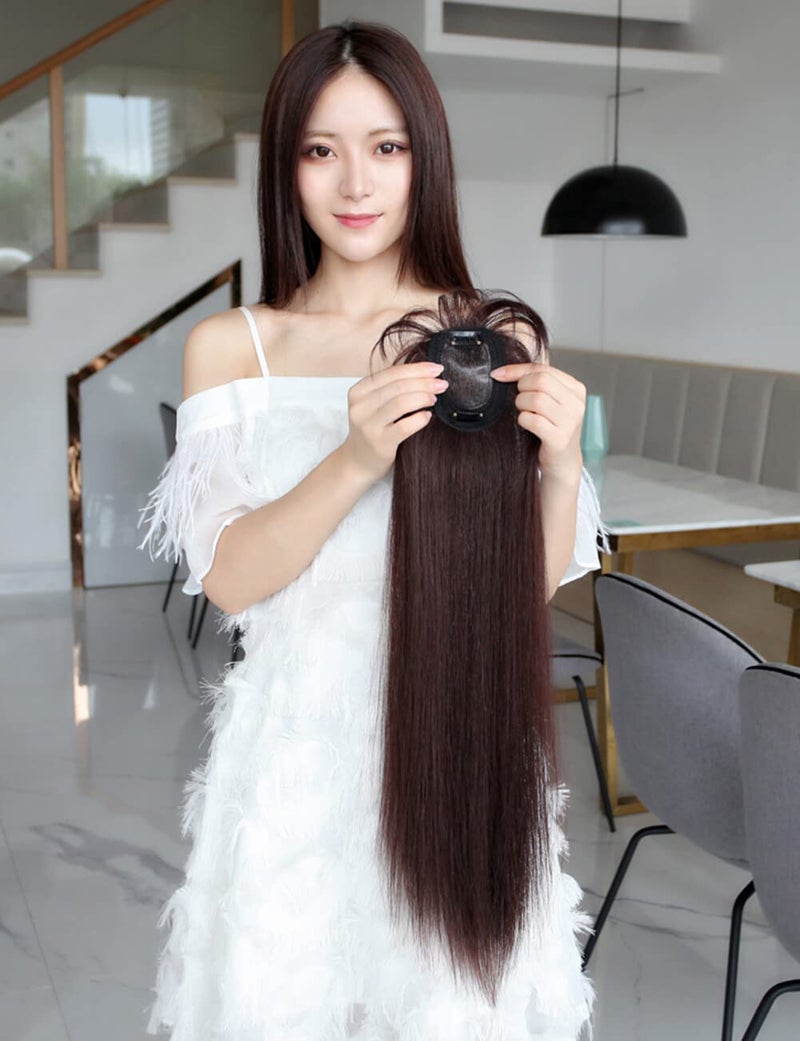 LesafeV 50cm Long Seamless Nature Look Clip in Hairpiece with Side-Fringe Extension Forehead Topper for Women with Thinning Hair Straight Dark Reddish Brown - Image 5