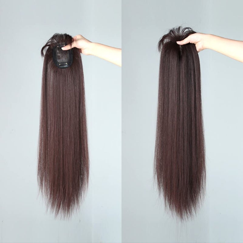 LesafeV 50cm Long Seamless Nature Look Clip in Hairpiece with Side-Fringe Extension Forehead Topper for Women with Thinning Hair Straight Dark Reddish Brown - Image 4
