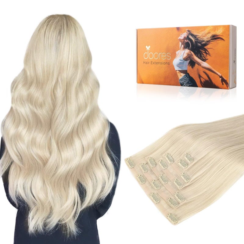 DOORES Seamless Clip in Real Human Hair Extensions Platinum Blonde 7pcs 110g 20 Inch Remy Straight Hair Skin Weft Natural Invisi Edge