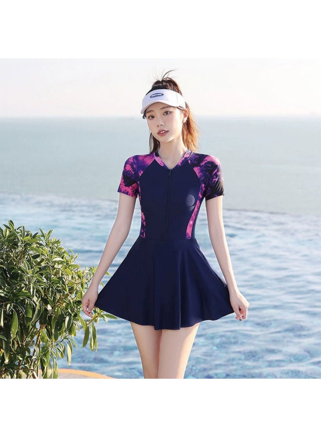 Loquat Swimsuit Women's Hot Spring 2023 Hot Style Fashion Sports Internet Popular Style Conservative Slim Special One-piece Skirt Swimsuit-Color:14142 Navy Blue- - Image 3