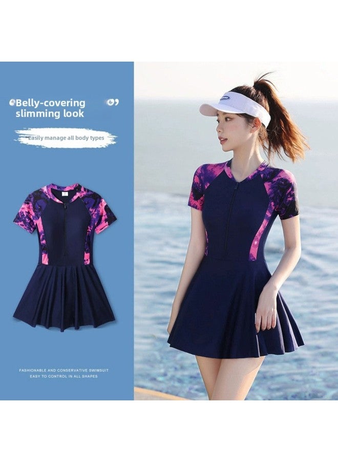 Loquat Swimsuit Women's Hot Spring 2023 Hot Style Fashion Sports Internet Popular Style Conservative Slim Special One-piece Skirt Swimsuit-Color:14142 Navy Blue- - Image 2