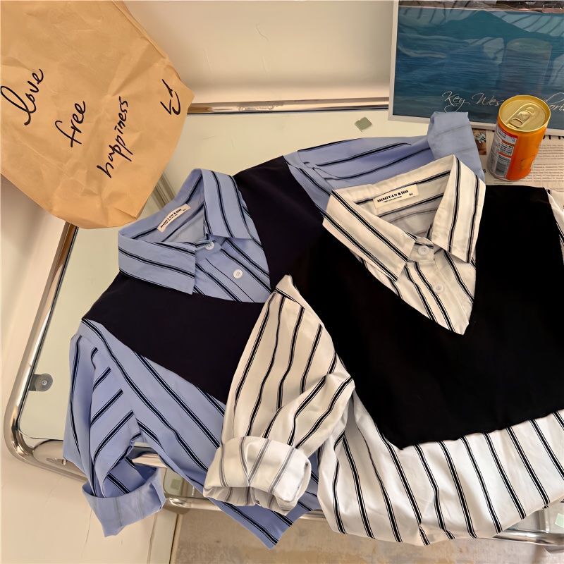 New Boys Shirt 2024 Baby Fake Two-Piece Top Suit Long-Sleeved Sweaters Stylish Loose All-Match Two-Piece Set - Image 2
