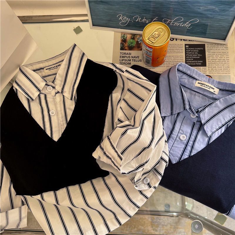 New Boys Shirt 2024 Baby Fake Two-Piece Top Suit Long-Sleeved Sweaters Stylish Loose All-Match Two-Piece Set - Image 3