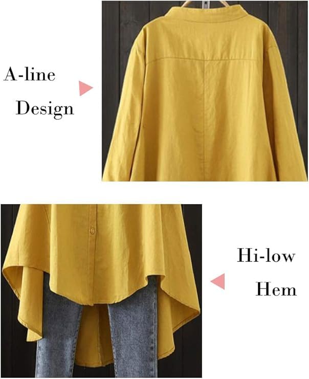 Minibee Women's Cotton Linen Shirt High Low Button Down Embroidered Blouse Long Sleeve Tunic Tops - Image 5