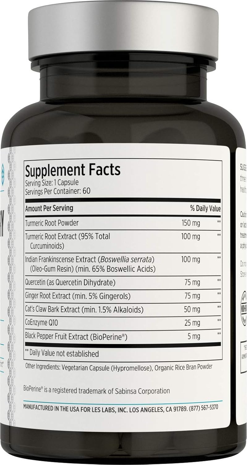 LES Labs مكمل LES Labs لصحة الالتهابات دعم المفاصل وظيفة العضلات الاسترخاء الحركة الكركم البوسويليا الكيرسيتين الزنجبيل CoQ10 غير معدّل وراثيًا 60 كبسولة - Image 3