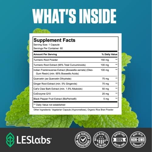 LES Labs مكمل LES Labs لصحة الالتهابات دعم المفاصل وظيفة العضلات الاسترخاء الحركة الكركم البوسويليا الكيرسيتين الزنجبيل CoQ10 غير معدّل وراثيًا 60 كبسولة - Image 4