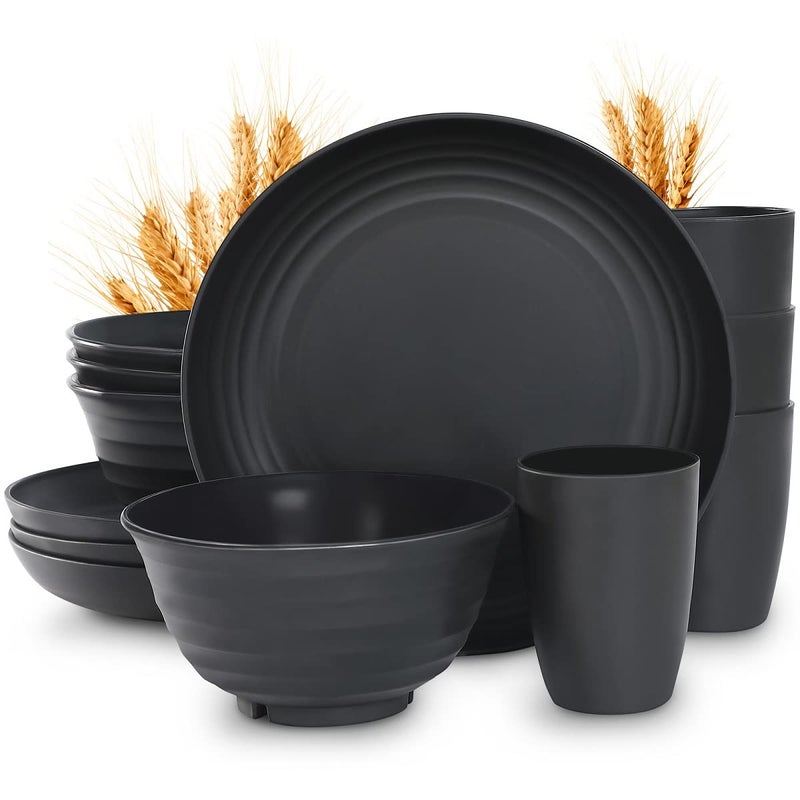 12pcs Plastic Wheat Straw Dinnerware Sets Wheat Straw Plates and Bowls Sets for 4 College Dorm Room Essentials Microwave Dishwasher Safe Black