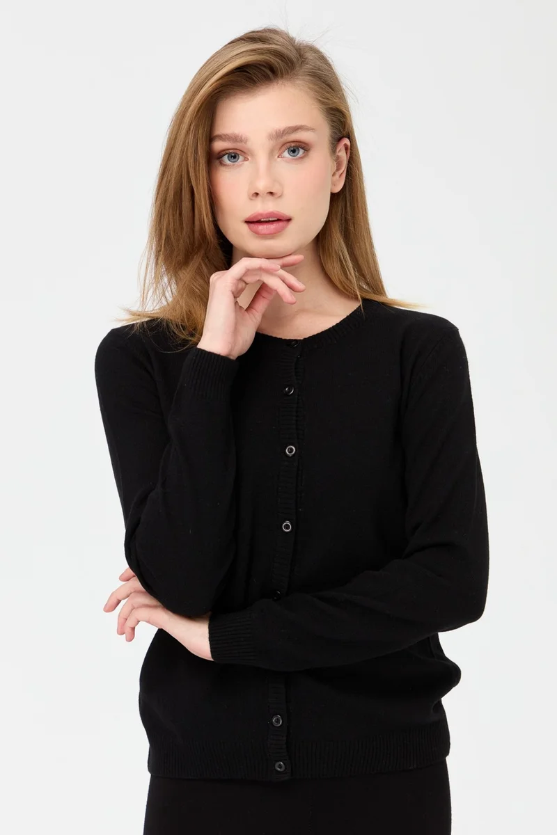 Desen Triko Pattern Knitwear Women's Zero Collar Knitwear Wool Cardigan Black