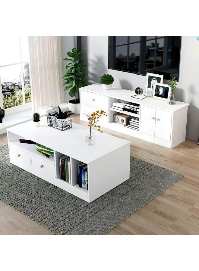 Generic Modern TV Table, 120cm Wooden TV Entertainment Console Table with Drawers, Doors and Open Storage Shelves, Multifunctional TV Cabinet, TV Stand/Unit for Living Room, Bedroom, DSG012 (White) - Image 3