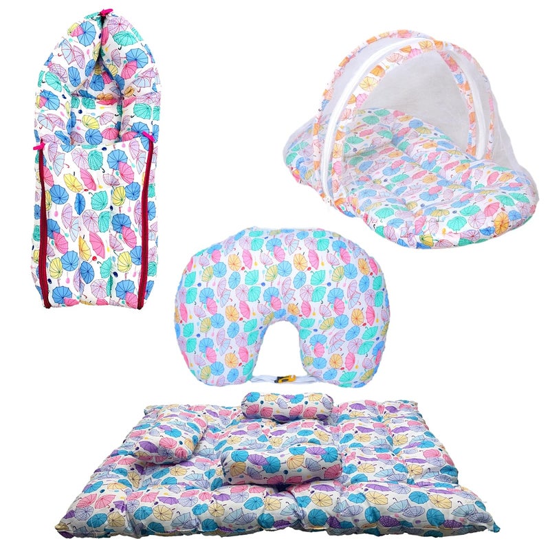 Kids Charm Umbrella 4 PCS Combo Set3 in 1 Babys Cotton Umbrella Carry Bed5 in 1 Babys Cotton Breast Feeding Pillow2 in 1 Cotton Bed with Mosquito Net2 in1 Sleeping Bed for 04 MonthsPink