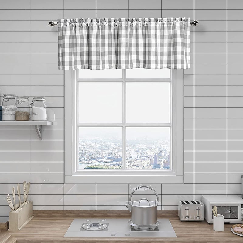 Amzdecor Buffalo Plaid Valance Linen Sheer Cafe Curtain Buffalo Check Plaid Rod Pocket Rustic Kitchen Window Treatment for Living Room Bedroom 1 Panel  55''x15''  Sliver/Gray - Image 1