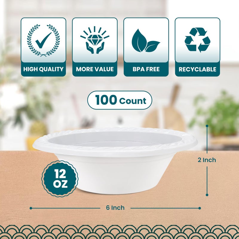 R-kay Plastic Bowls - 100 Count Microwavable Disposable Bowls - Strong Heavy Duty And Sturdy White Plastic Bowls Disposable (12 OZ, 100) - Image 5