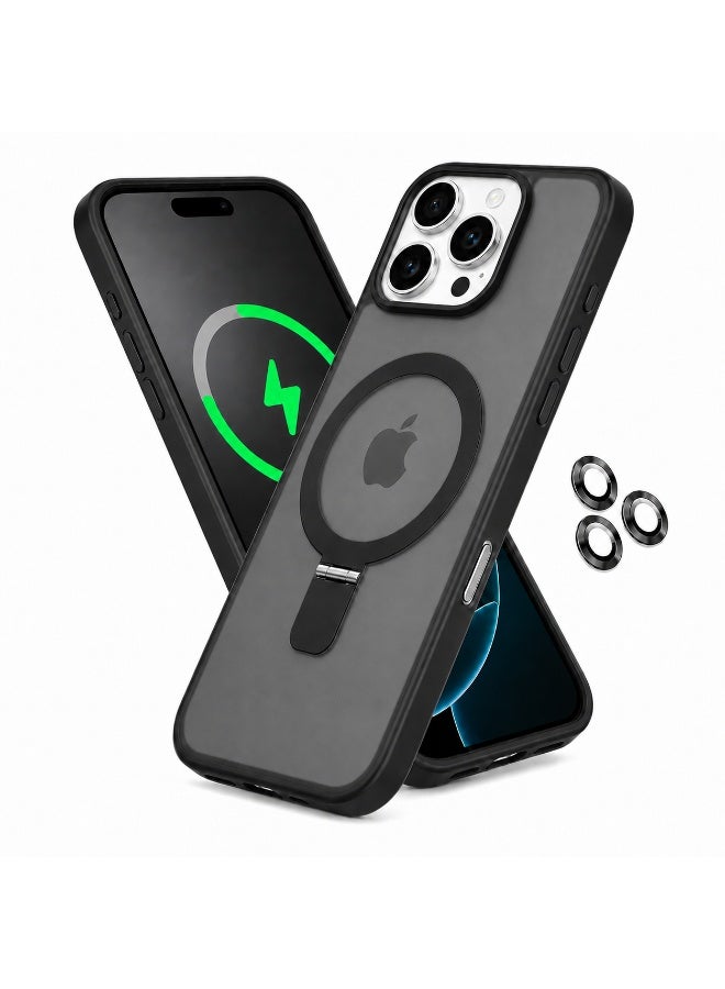 حافظة مغناطيسية بحامل حلقي لهاتف iPhone 16 Pro Max مقاس 6.9 بوصة، غطاء مقاوم للصدمات شبه شفاف بلمسة مطفية مع 3 واقيات لعدسات الكاميرا، أسود - Image 1