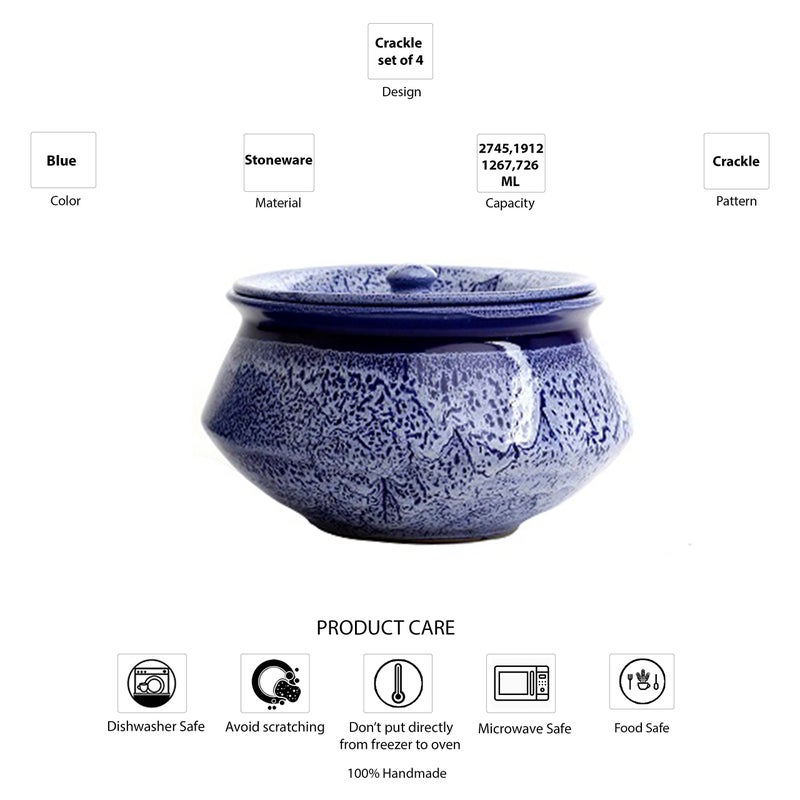 Caffeine Ceramic Handmade Blue & Brown Studio Serving Handi with Lid (Set of 4) - Image 4
