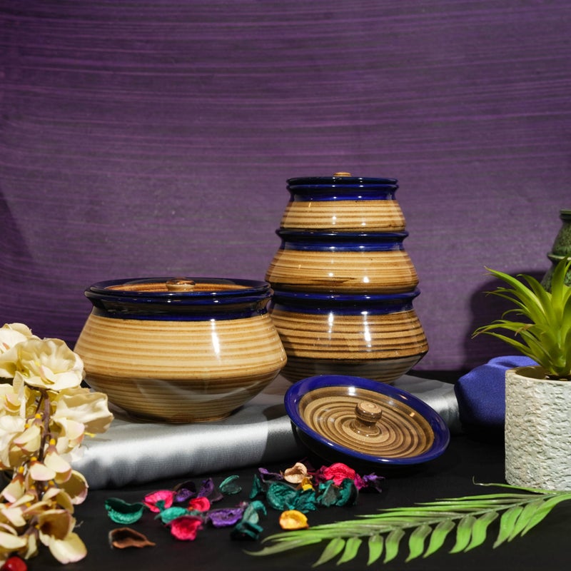 Caffeine Ceramic Handmade Blue & Brown Studio Serving Handi with Lid (Set of 4) - Image 1