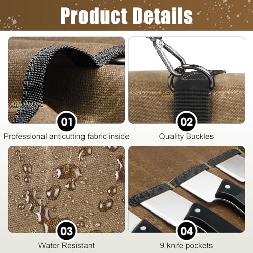 QEES Knife Roll,Chef Knife Bag,Knife Travel Case,Waxed Canvas Portable Knife Roll Bag with 10 Slots Plus 1 Zipper Pockets Can Hold Home Kitchen Knives Tools Up To 18.8”,Heavy Duty Knife Storage Bag - Image 3