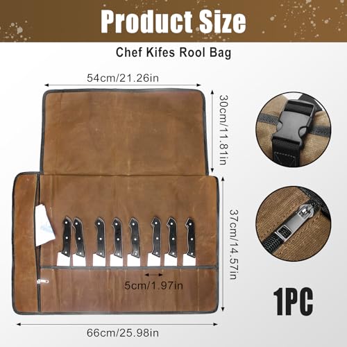 QEES Knife Roll,Chef Knife Bag,Knife Travel Case,Waxed Canvas Portable Knife Roll Bag with 10 Slots Plus 1 Zipper Pockets Can Hold Home Kitchen Knives Tools Up To 18.8”,Heavy Duty Knife Storage Bag - Image 2