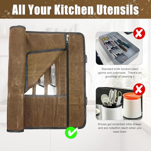 QEES Knife Roll,Chef Knife Bag,Knife Travel Case,Waxed Canvas Portable Knife Roll Bag with 10 Slots Plus 1 Zipper Pockets Can Hold Home Kitchen Knives Tools Up To 18.8”,Heavy Duty Knife Storage Bag - Image 4
