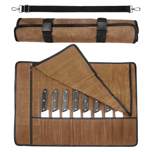 QEES Knife Roll,Chef Knife Bag,Knife Travel Case,Waxed Canvas Portable Knife Roll Bag with 10 Slots Plus 1 Zipper Pockets Can Hold Home Kitchen Knives Tools Up To 18.8”,Heavy Duty Knife Storage Bag - Image 1