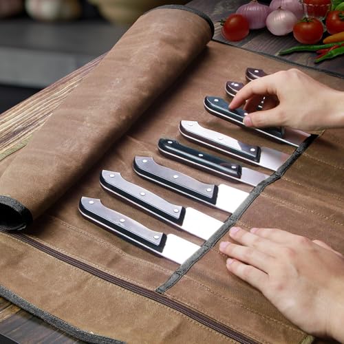 QEES Knife Roll,Chef Knife Bag,Knife Travel Case,Waxed Canvas Portable Knife Roll Bag with 10 Slots Plus 1 Zipper Pockets Can Hold Home Kitchen Knives Tools Up To 18.8”,Heavy Duty Knife Storage Bag - Image 5