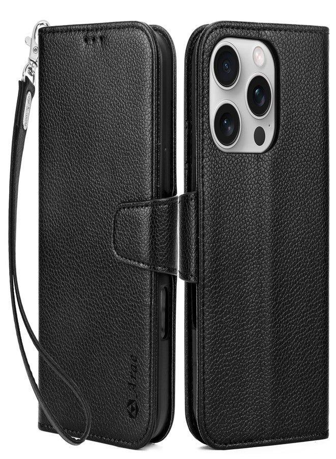 Arae Compatible with iPhone 16 Pro Max Case Wallet with Card Holder, Wristlet Strap Wallet Flip Cover for iPhone 16 Pro Max 6.9 inch Men/Women, RFID Blocking, Kickstand,Litchi Black - Image 1