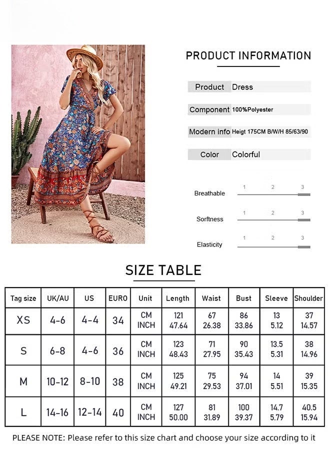 Beach Floral Print Dress for Women Bohemian Elegant V-Neck Waist-Tie Short Sleeve Dress Ladies Vintage Butterfly Sleeve Ruffle Trim Pleated Maxi Dress in Comfortable and Skin-Friendly Fabric - Image 4