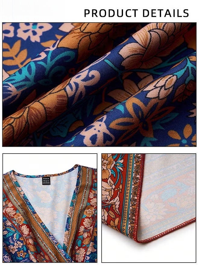 Beach Floral Print Dress for Women Bohemian Elegant V-Neck Waist-Tie Short Sleeve Dress Ladies Vintage Butterfly Sleeve Ruffle Trim Pleated Maxi Dress in Comfortable and Skin-Friendly Fabric - Image 3