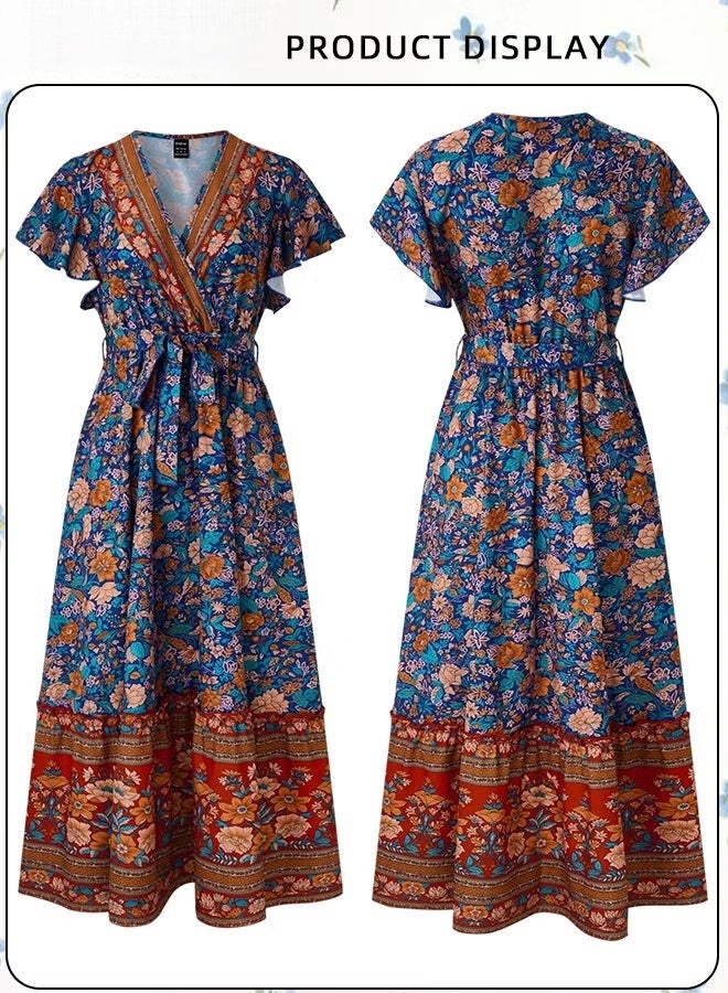 Beach Floral Print Dress for Women Bohemian Elegant V-Neck Waist-Tie Short Sleeve Dress Ladies Vintage Butterfly Sleeve Ruffle Trim Pleated Maxi Dress in Comfortable and Skin-Friendly Fabric - Image 5