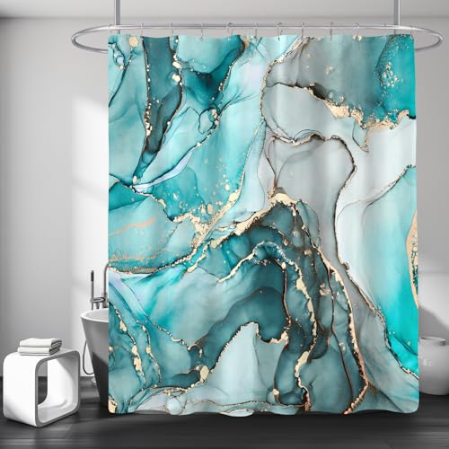 BayNook Teal Marble Shower Curtain, Modern Abstract Fabric Shower Curtains for Bathroom, Luxury Art Decor Turquoise Gold Ink Texture Watercolor Shower Curtain Set with Hooks 72x72 - Image 1