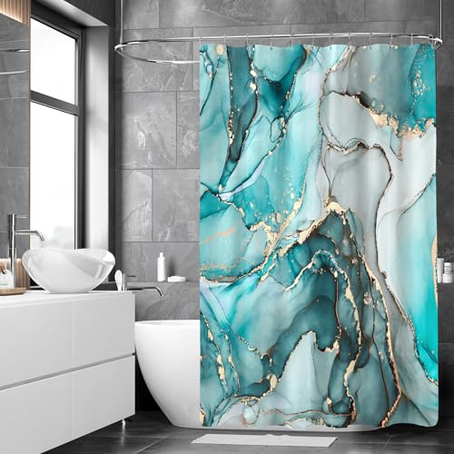 BayNook Teal Marble Shower Curtain, Modern Abstract Fabric Shower Curtains for Bathroom, Luxury Art Decor Turquoise Gold Ink Texture Watercolor Shower Curtain Set with Hooks 72x72 - Image 2