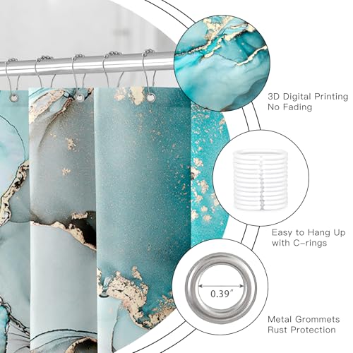 BayNook Teal Marble Shower Curtain, Modern Abstract Fabric Shower Curtains for Bathroom, Luxury Art Decor Turquoise Gold Ink Texture Watercolor Shower Curtain Set with Hooks 72x72 - Image 5