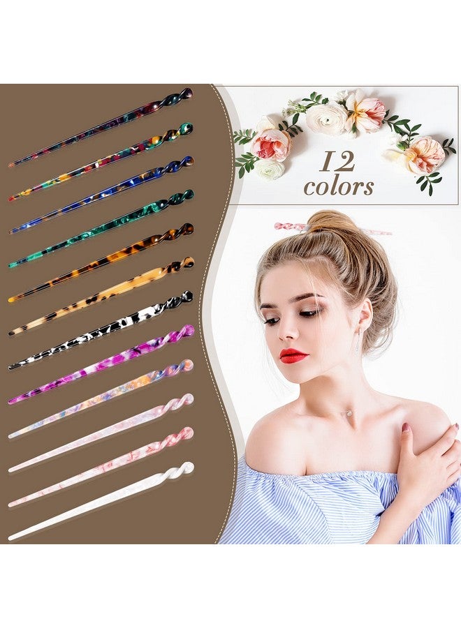 Luinabio 12 Pieces Acetate Hair Sticks Styling Hair Chopsticks Hair Accessories Tortoise Shell Hairpin Leopard Print Hair Pins Chinese Retro Hairpins Disk Hair Sticks For Women (Elegant Colors) - Image 2