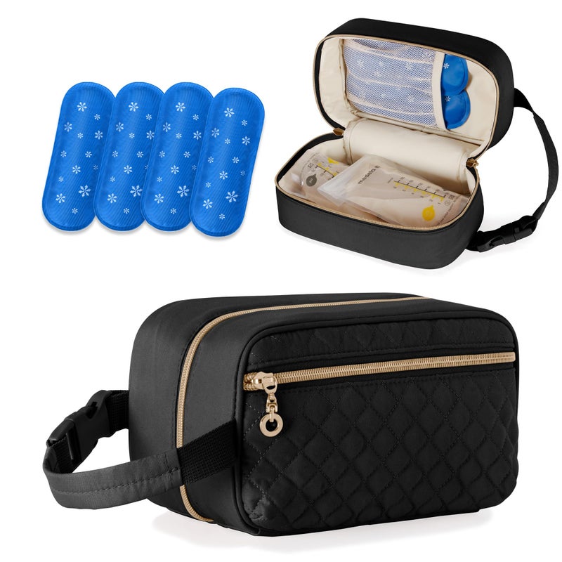 حقيبة تبريد حليب الثدي داميرو مع 4 أكياس ثلج حقيبة سفر لتنظيم حليب الثدي مع مقبض قابل للفصل للأم المرضعة ودار الرعاية باللون الأسود