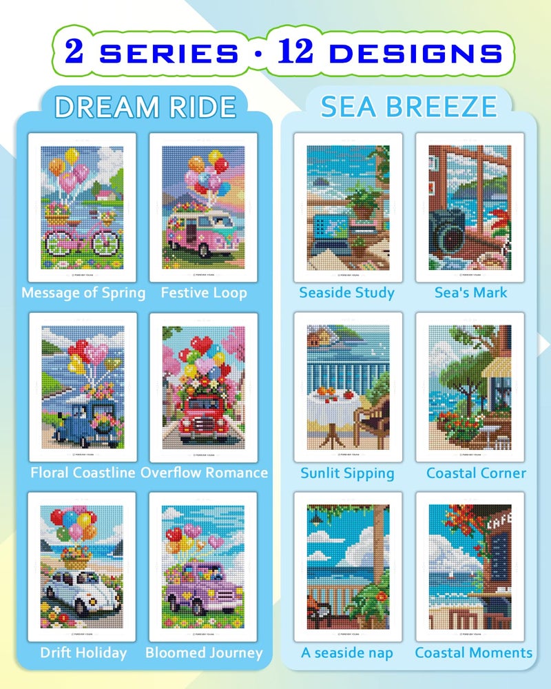 Forever young Foreveryoung Minigem Small Diamond Art Kits for Beginners, 12Pcs Resin Square Drill Diamond Painting Kits for Adults, 2-Hour Postcard-Style Mini Diamond Art 5x7 Inch â€“ 2 Sets: Sea Echo & Dream Journey - Image 2