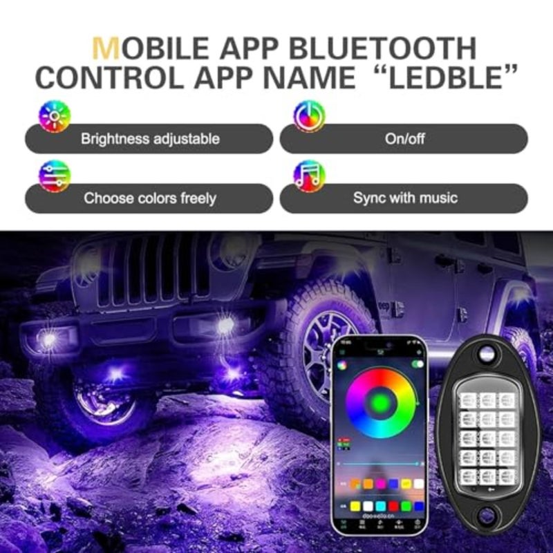 4 Pods RGB LED Rock Lights، مجموعة إضاءة LED متعددة الألوان مع التحكم في التطبيق ووضع الموسيقى، مصابيح PVC للطرق الوعرة مقاومة للماء 12 فولت، إضاءة عجلة لشاحنة SUV ATV UTV عربة الجولف بيك اب - Image 4