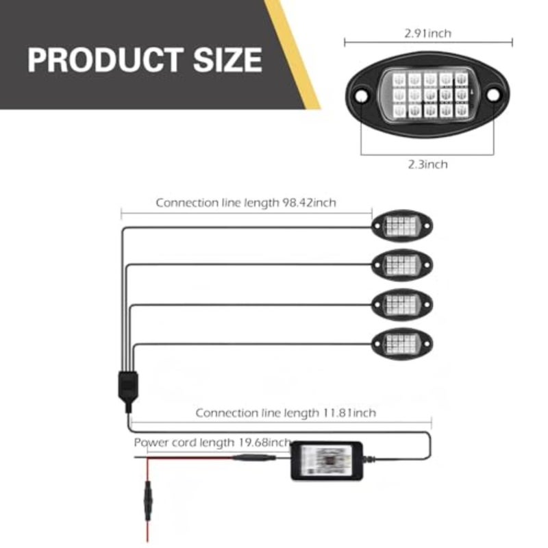 4 Pods RGB LED Rock Lights، مجموعة إضاءة LED متعددة الألوان مع التحكم في التطبيق ووضع الموسيقى، مصابيح PVC للطرق الوعرة مقاومة للماء 12 فولت، إضاءة عجلة لشاحنة SUV ATV UTV عربة الجولف بيك اب - Image 2