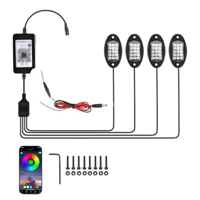 4 Pods RGB LED Rock Lights، مجموعة إضاءة LED متعددة الألوان مع التحكم في التطبيق ووضع الموسيقى، مصابيح PVC للطرق الوعرة مقاومة للماء 12 فولت، إضاءة عجلة لشاحنة SUV ATV UTV عربة الجولف بيك اب - Image 1