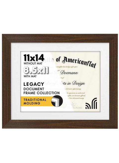 Americanflat 11x14 Diploma Frame with ShatterResistant Glass  Use as 85x11 Frame with Mat or Display 11x14 Documents Without Mat  Legacy Collection  Certificate Frames for Wall  Walnut