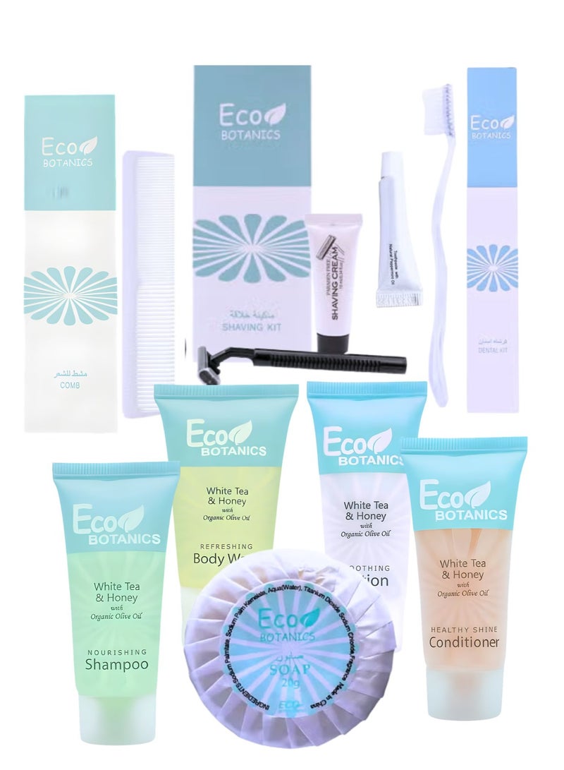 Eco Botanics 200-Piece Hotel Amenities Kit – White Tea & Honey with Organic Olive Oil | Shampoo, Conditioner, Body Wash, Lotion, Soap, Dental & Shaving Kit, Comb Set - Image 1