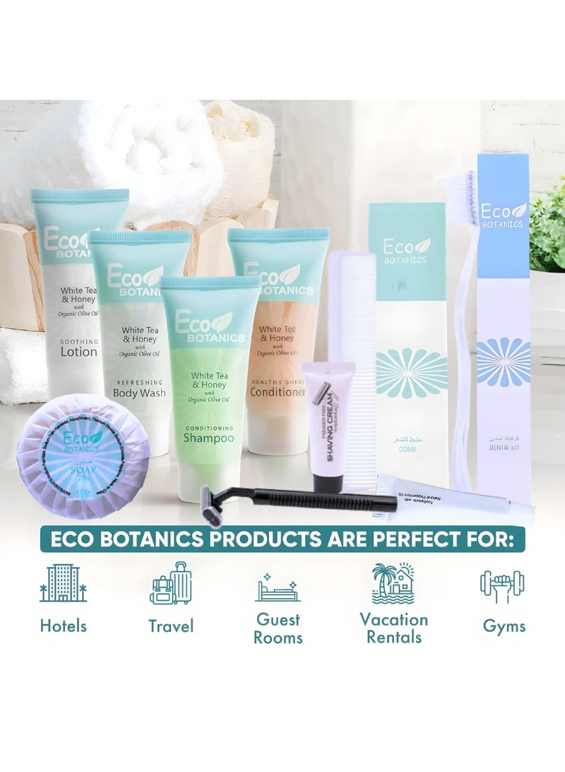 Eco Botanics 200-Piece Hotel Amenities Kit – White Tea & Honey with Organic Olive Oil | Shampoo, Conditioner, Body Wash, Lotion, Soap, Dental & Shaving Kit, Comb Set - Image 2