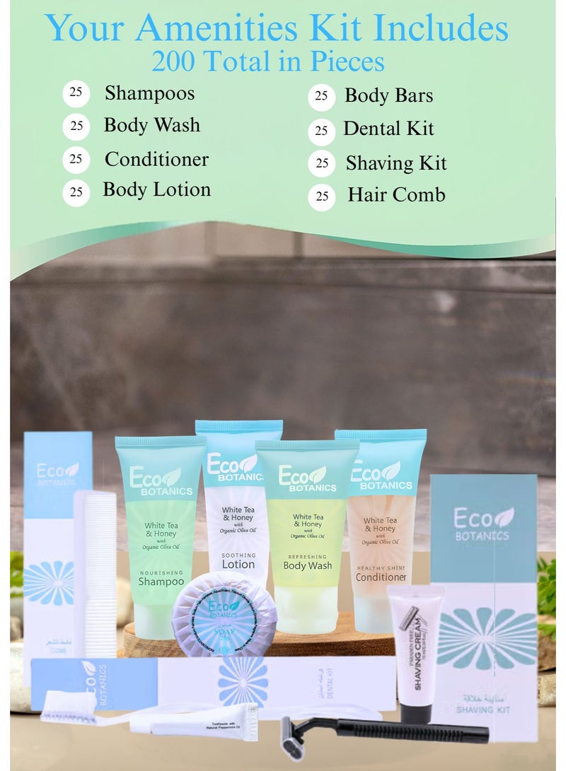 Eco Botanics 200-Piece Hotel Amenities Kit – White Tea & Honey with Organic Olive Oil | Shampoo, Conditioner, Body Wash, Lotion, Soap, Dental & Shaving Kit, Comb Set - Image 3