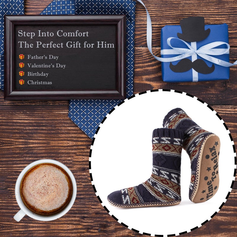 cosyone1997 Men's Slipper Socks, Winter Cable Knit Non-Skid Warm Fuzzy Socks, Cozy Soft Indoor Foot Warmers with Fluffy Sherpa Lined - Image 3
