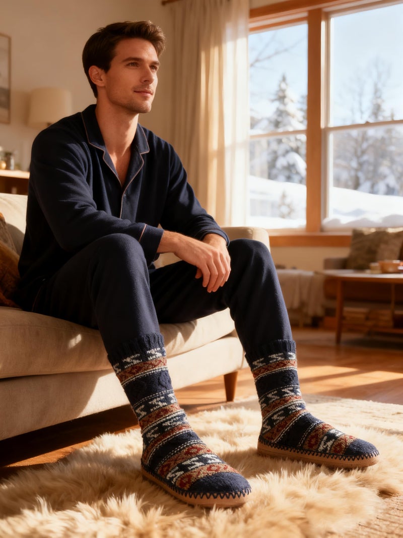 cosyone1997 Men's Slipper Socks, Winter Cable Knit Non-Skid Warm Fuzzy Socks, Cozy Soft Indoor Foot Warmers with Fluffy Sherpa Lined - Image 2