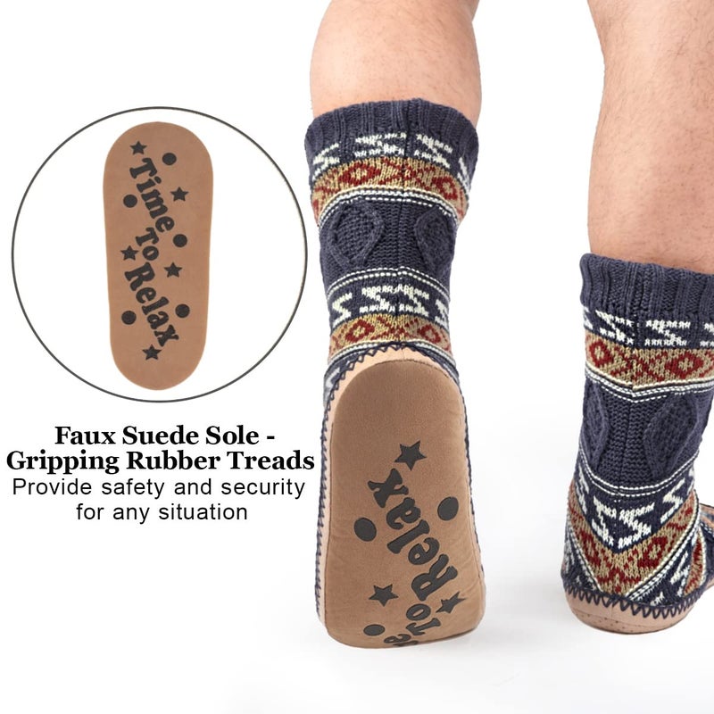 cosyone1997 Men's Slipper Socks, Winter Cable Knit Non-Skid Warm Fuzzy Socks, Cozy Soft Indoor Foot Warmers with Fluffy Sherpa Lined - Image 4