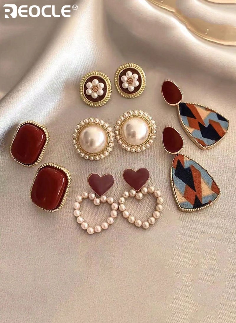 REOCLE 5 Pairs Women's Multi-Style Earring Set Pearl-Accented Patterned & Heart-Shaped Designs with Ornate Framing Versatile Earring Collection for Daily Casual & Office Wear - Image 1