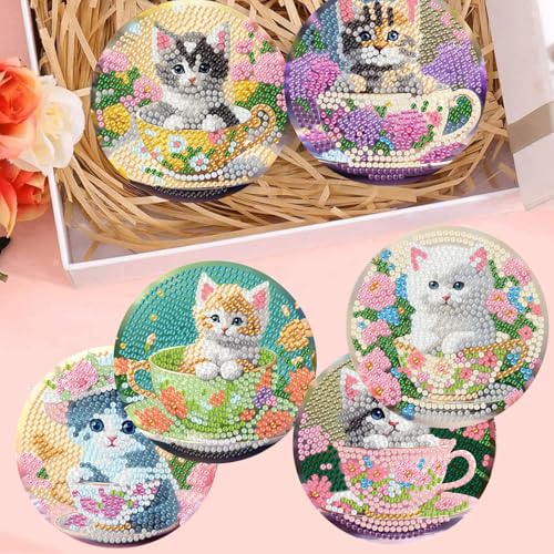 mrpwnle 8 Pack Diamond Art Coasters Kits, Funny Cat Diamond Painting Coasters Kits Set with Holder Cork Pads, Cute Cat Diamonds Art Non Slip Coaster Crafts Kit for Adults Beginners Gifts - Image 4