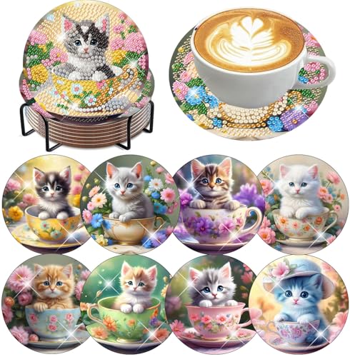 mrpwnle 8 Pack Diamond Art Coasters Kits, Funny Cat Diamond Painting Coasters Kits Set with Holder Cork Pads, Cute Cat Diamonds Art Non Slip Coaster Crafts Kit for Adults Beginners Gifts - Image 1
